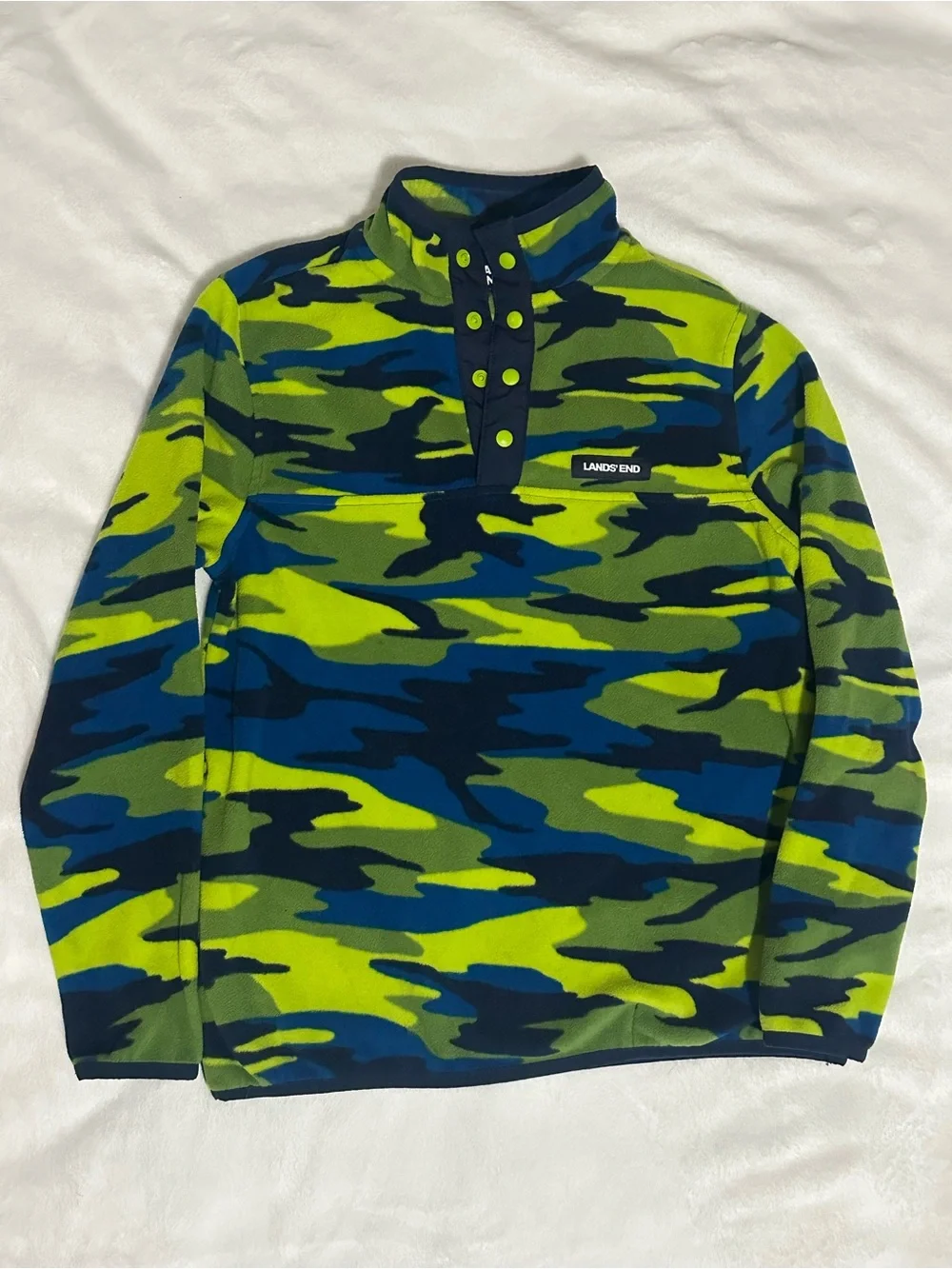 Lands' End Boys Large 10-12 Neon Green & Blue Camo Fleece Snap Pullover